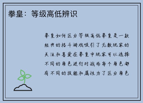 拳皇：等级高低辨识